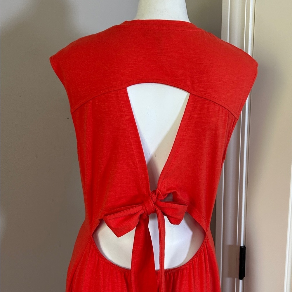 ME+EM Red Cut Out Back Midi Dress Organic Cotton Pockets Tie Back Sz 8 - Picture 10 of 16